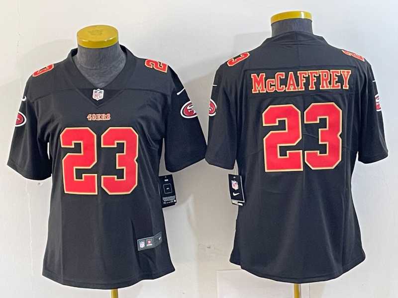 Womens San Francisco 49ers #23 Christian McCaffrey Black Red Fashion Vapor Limited Stitched Jersey->women nfl jersey->Women Jersey